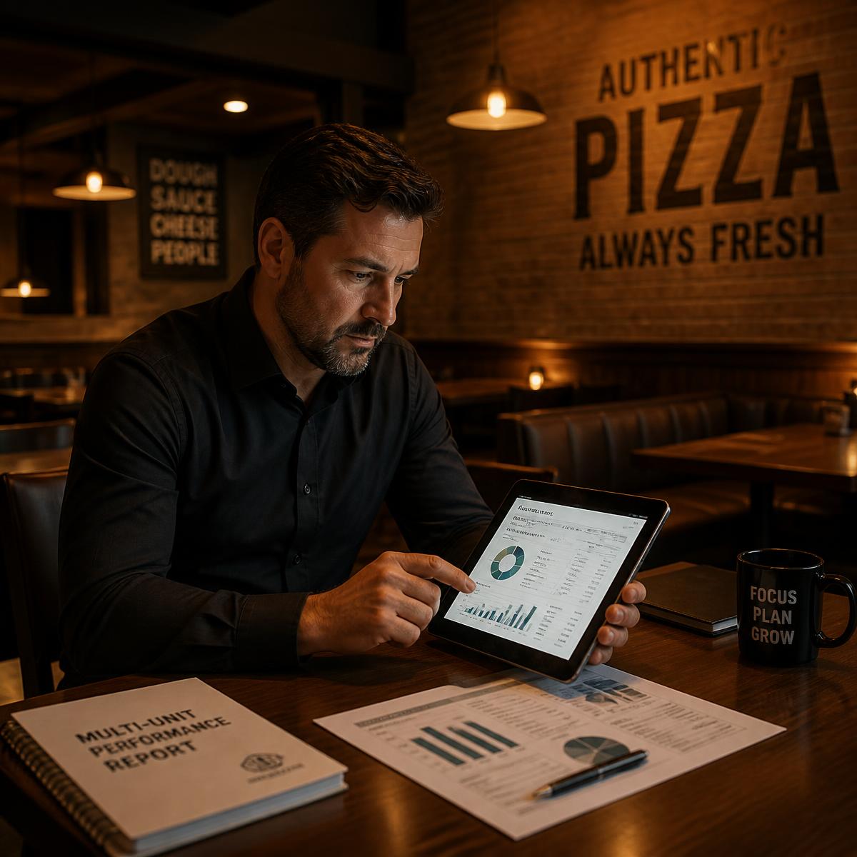 Business owner reviewing a multi-location performance report on a tablet